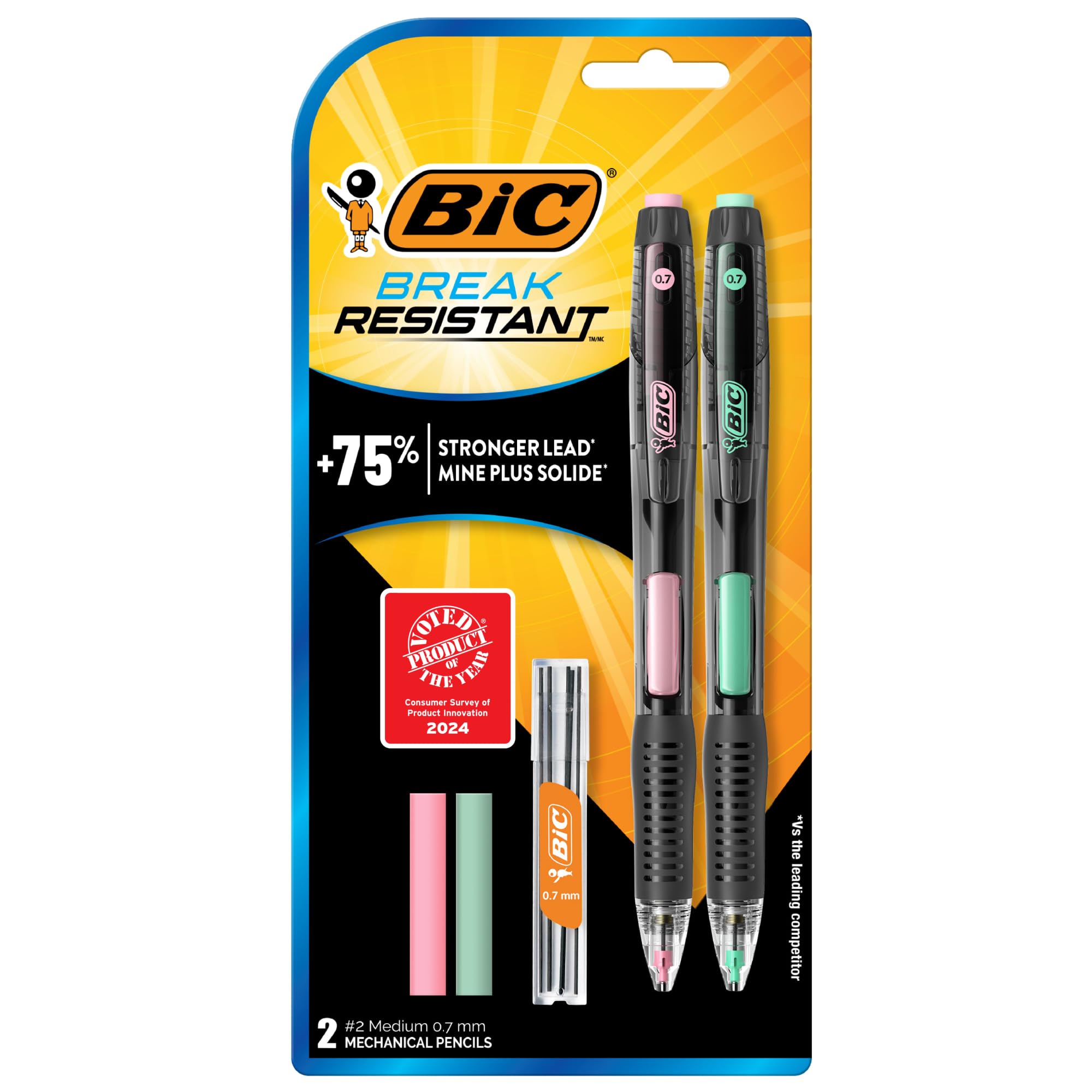 BIC Lot de 2 porte-mines incassables avec gomme, pointe moyenne n°2, 0,7 mm, couleurs assorties