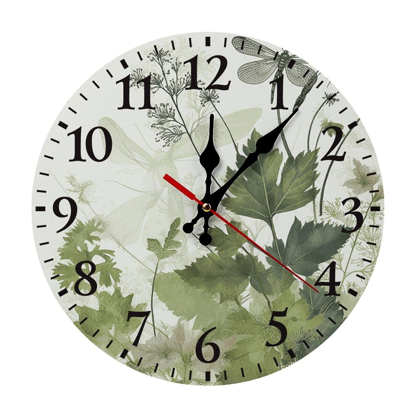 NTVOWPZO 10 Inch Wall Clock Foliage and Herbs with Dragonflies Winged Battery Operated Wall Clocks Silent Non-Ticking Round Wall Clock for Living Room Kitchen Home Office Wall Decorative Clock