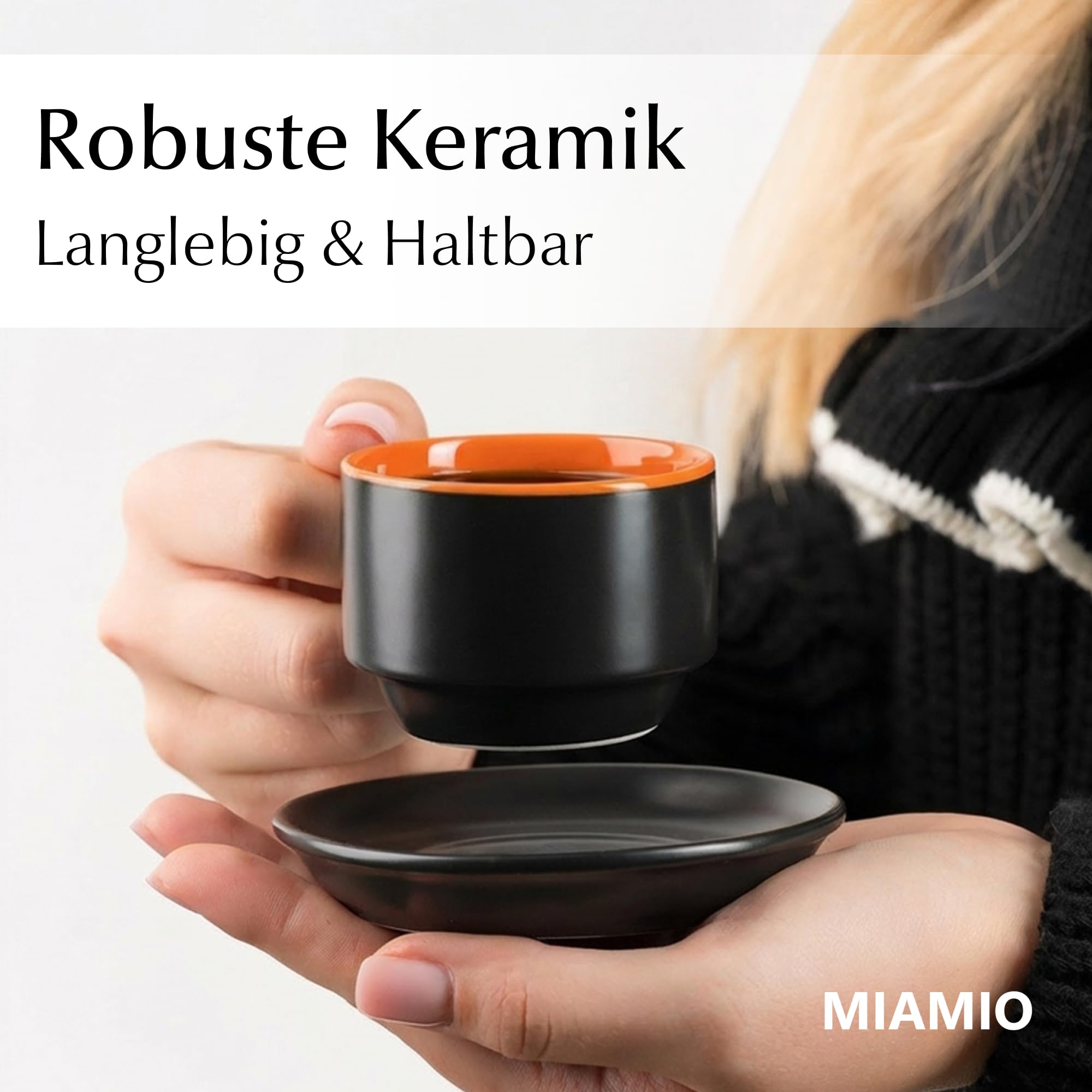 MIAMIO - 6 x 75 ml Espressotassen Set/Espresso Tassen Set mit Untertasse & Ständer - Kaffeetassen Set 6er Kaffeebecher Keramik - Le Papillon Kollektion (Bunt)
