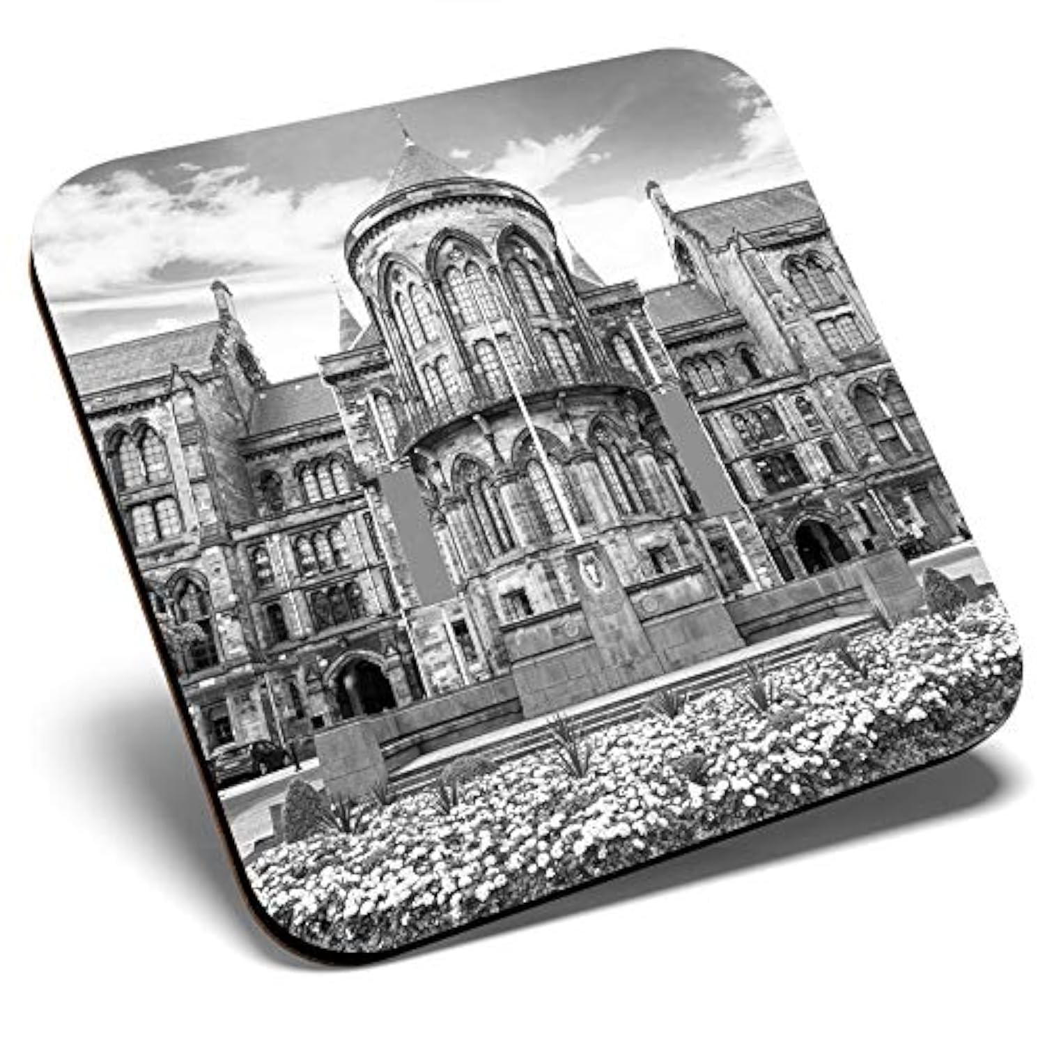 Great Single Coaster Square BW - Glasgow University Scotland Building |Glossy Quality Coasters | Tabletop Protection for Any Table Type #36974
