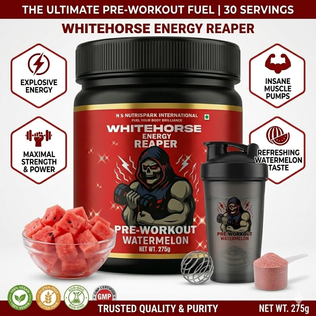 NutriSpark White Horse- Pre work out Workout Supplement with Creatine HCl, Beta-Alanine, Glutamine - Energy and Muscle Management, Unisex-Watermelon 275gm 2