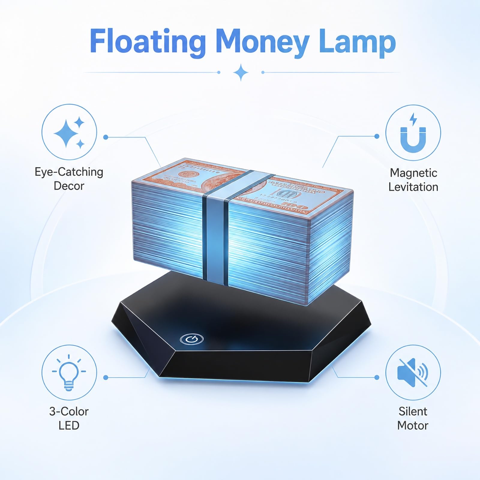 Generico Lampada Banconota Fluttuante, Levitazione Magnetica Dollaro Design 3 Colori LED Luce Notturna, Gadget Scrivania Rotante 360° for Arredo Stanza da Gaming, Regalo Uomo Originale
