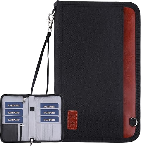 Cartera para pasaporte, organizador de documentos de viaje con cremallera, bloqueo RFID, múltiples soportes para pasaportes, Negro, 6 passports