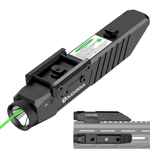 TOUGHSOUL Tactical Flashlight Green Red Laser Sight Combo, 1450 Lumen Picatinny Rail MLOK Mounted Rechargeable Rifle Flashlight (Green Laser)