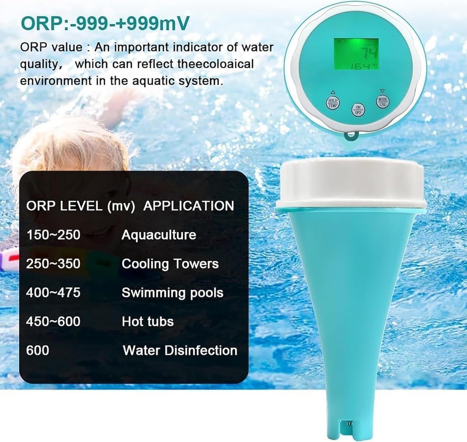 Tester Bluetooth for la qualità dell'Acqua, Monitor Galleggiante Wireless 6 in 1 for Piscine, misuratore di Temperatura Digitale PH EC TDS ORP, Impermeabile IP67, for Piscina, Acquario,