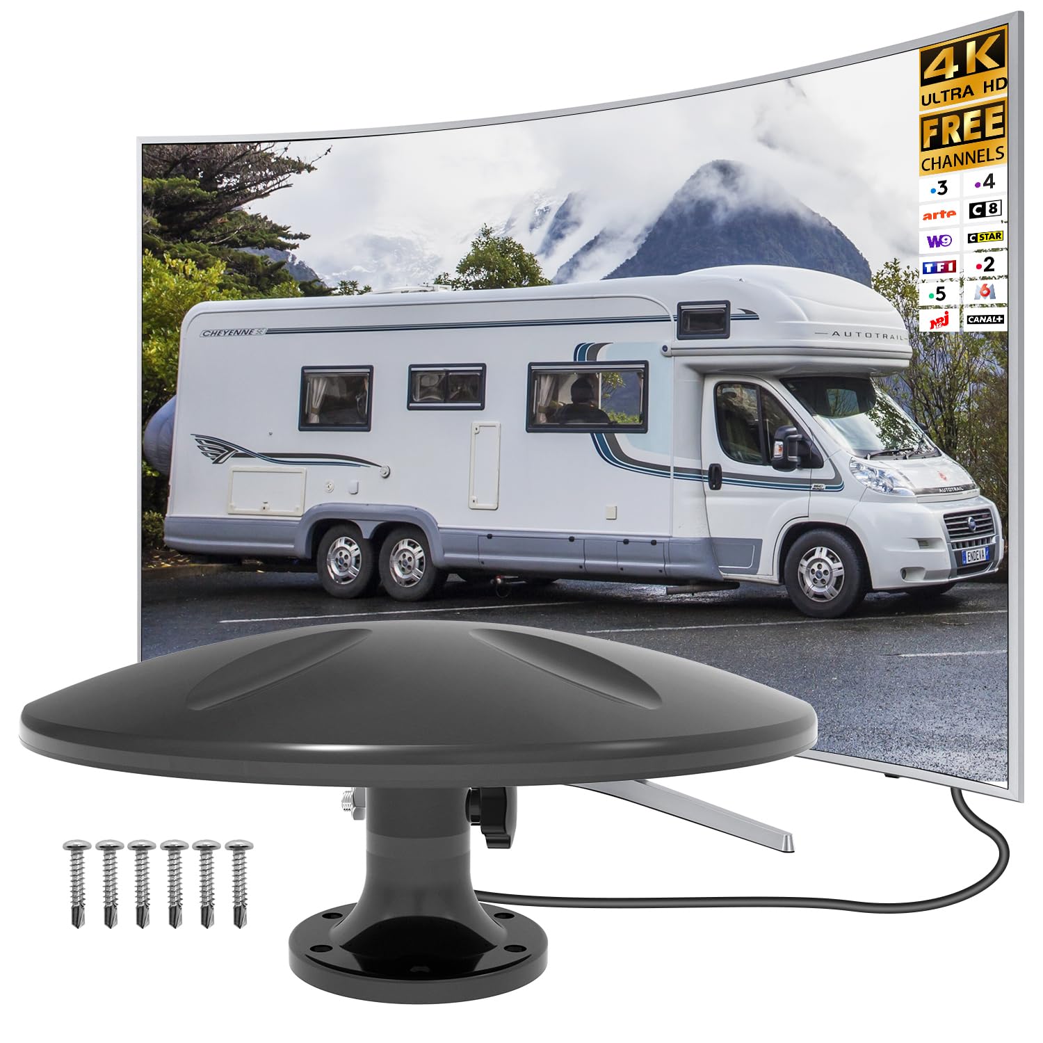 Antenne TV Exterieure avec Amplificateur de Signal Intelligent, Antenne TV Exterieure Puissante Omnidirectionnelle Terrestre TNT HD DVB-T/T2 pour Camping Car, Caravane, Fourgon, Camion, Bateau