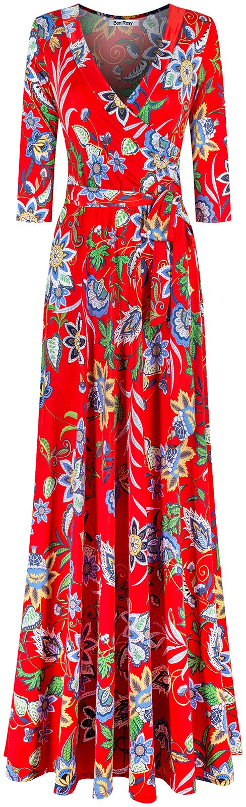 Bon RosyWomen's Silky and Stretchy 3/4 Sleeve Deep V-Neck Floral Printed Maxi Faux Wrap Dress