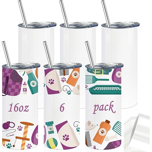 16oz Kids Sublimation Straight Skinny Tumblers,6pack Stainless Steel Blanks Bulk,Double Wall Vacuum Tumblers with Shrink Wrap Films and Straws,Great DIY Gift for Kid and Toddler