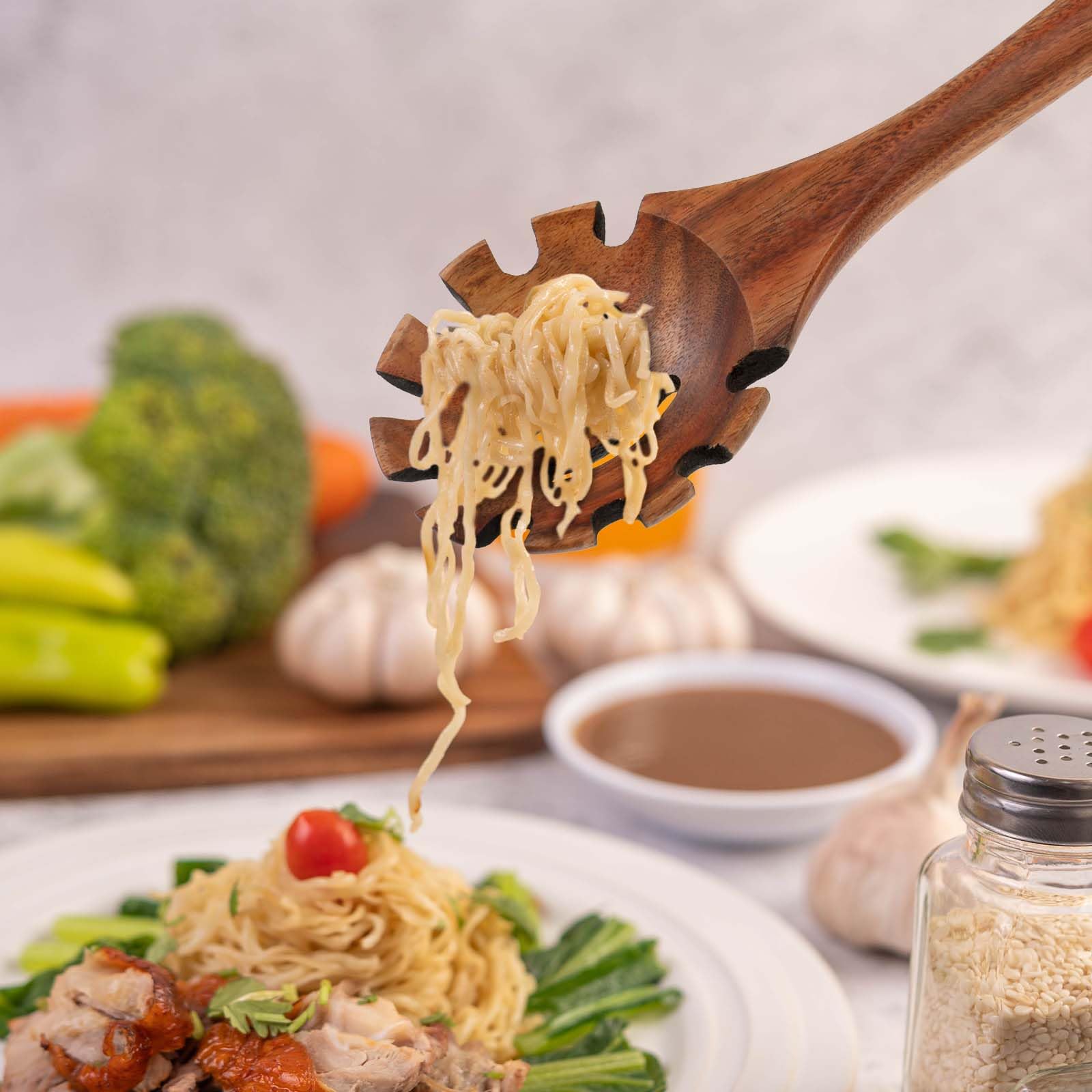 JJUNW Tenedor para pasta, tenedor de espagueti, cuchara de madera para pasta, juego de utensilios de cocina, cucharas de madera para cocinar pasta de mano larga, utensilios de madera de acacia para