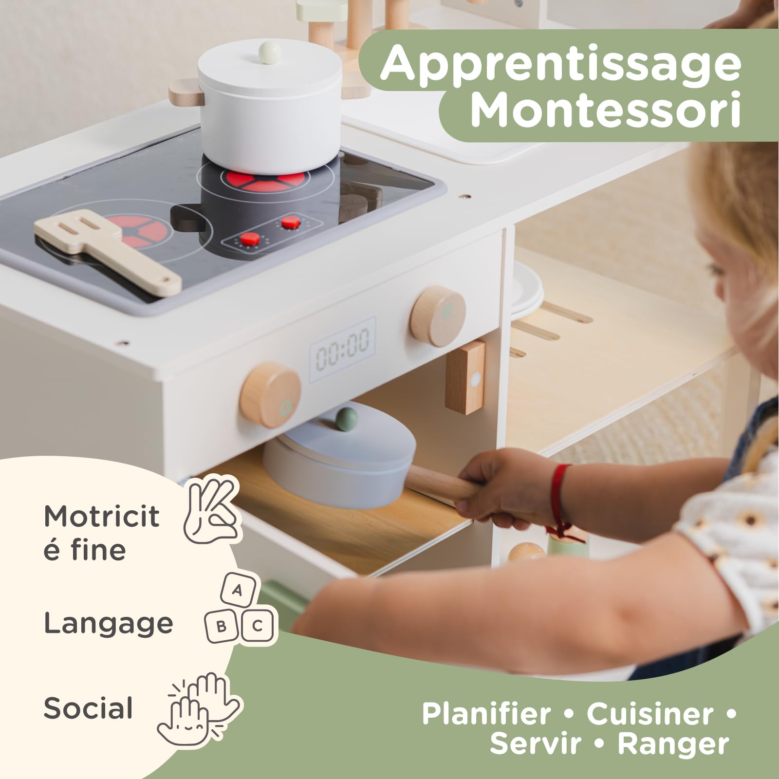 Nene Toys Cuisine Enfant en Bois – Cuisine Jouet pour Enfants avec Lumière et Son, Évier, Micro-Ondes et Four, Étagères et Crochets + Accessoires – Jeu Montessori dès 3 Ans – Cadeau Filles et Garçons