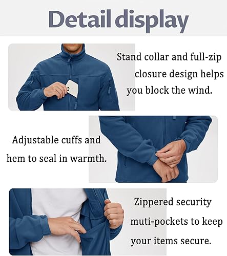 Miniatura 5 de BIYLACLESEN Chaqueta de forro polar para hombre, chaquetas tácticas militares softshell, abrigos de invierno cálidos con cremallera completa,