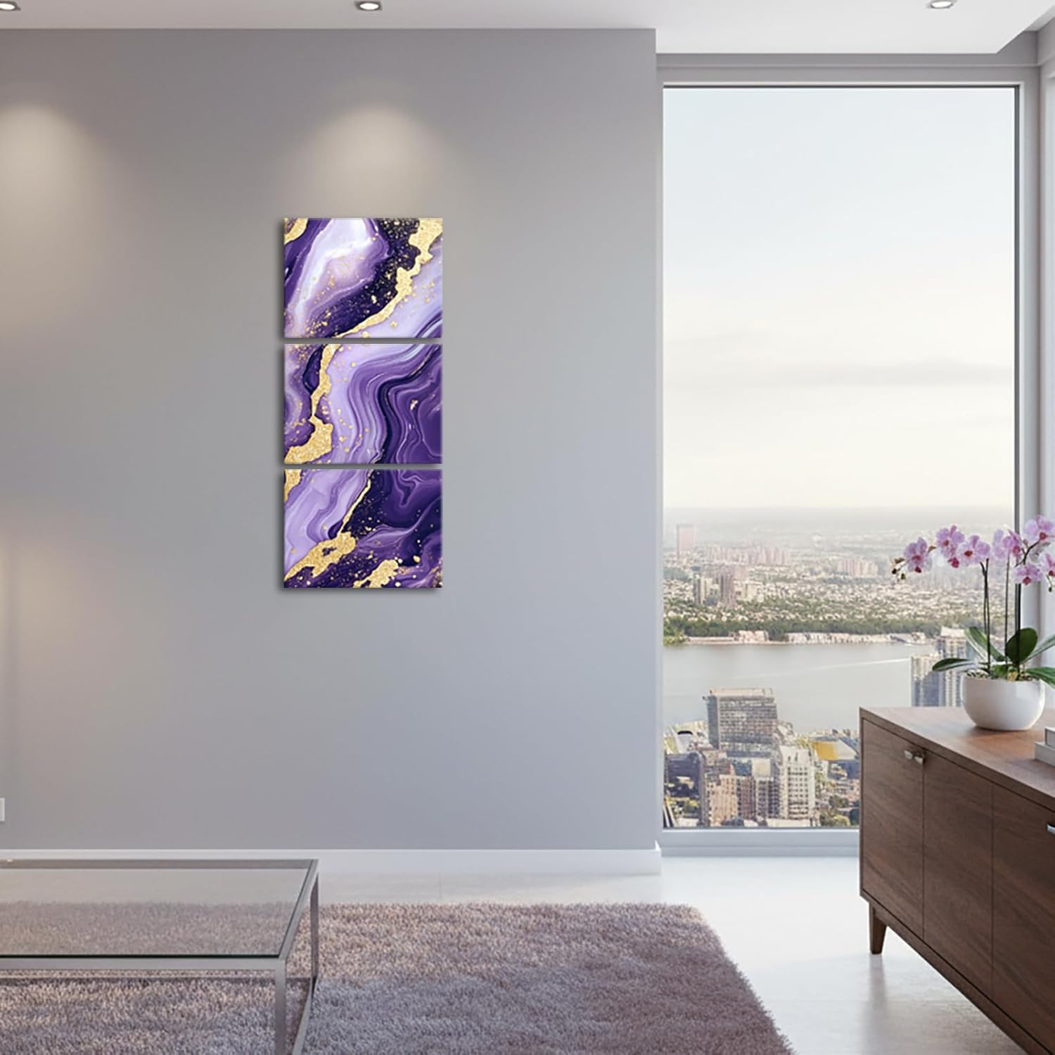 sechars Purple and Gold Bathroom Wall Decor Glitter Abstract Marble Wall Art Lavender Canvas Set 12"x16"x3