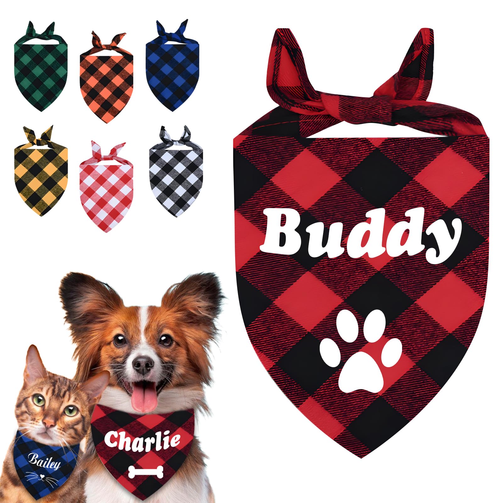 Personalized Dog Bandana Embroidered Name - Custom Neckwear Dog Scarf with Buffalo Plaid, Triangle Bibs Kerchief for Small Medium Large Dog Puppy Cat,