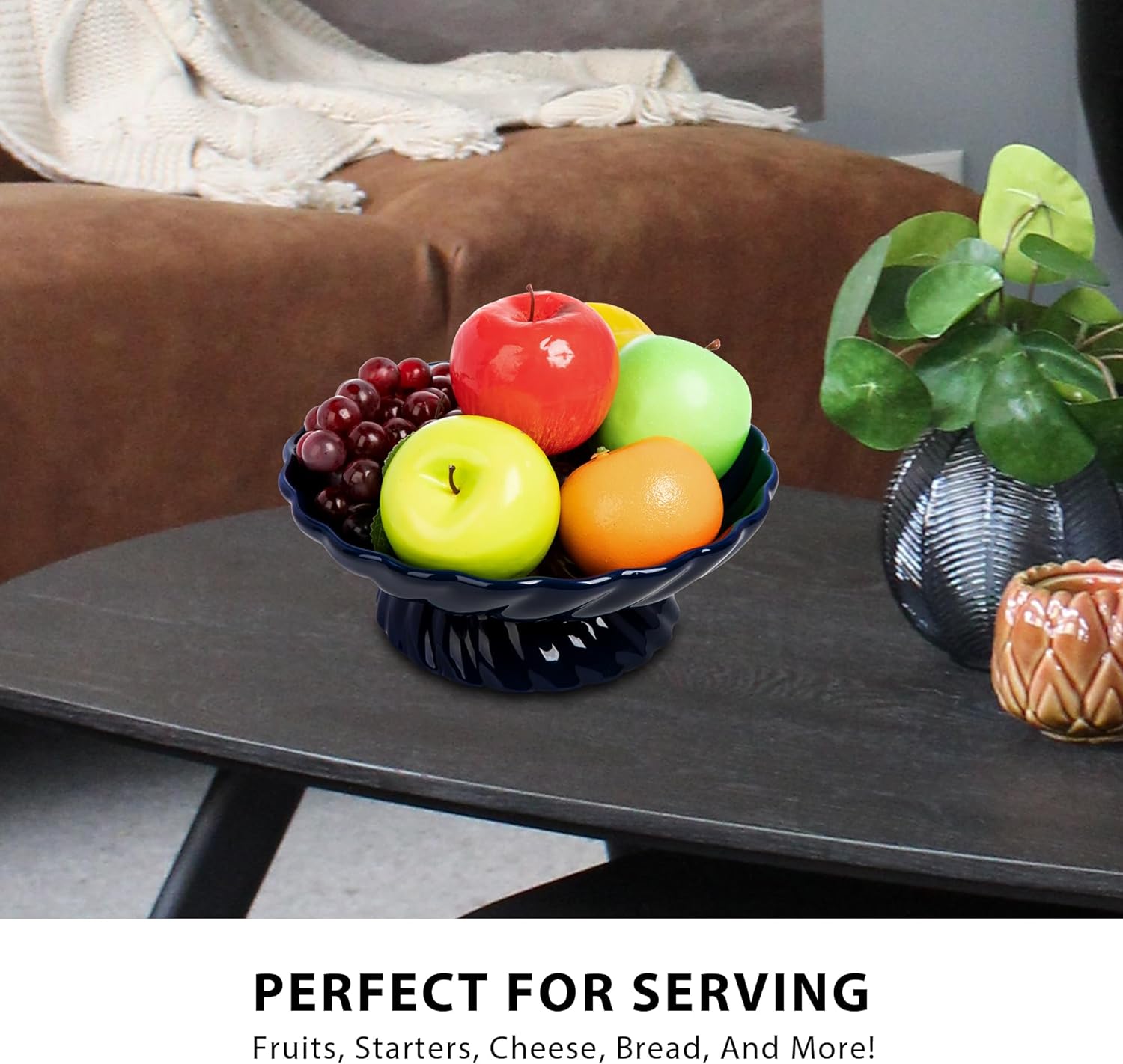 9.5-Inch Ceramic Fruits Bowl, Decorative Serving Plate, Centerpiece Fruits Tray or Fruit Basket for Kitchen Counters, Farmhouses, Dining Table, Blue