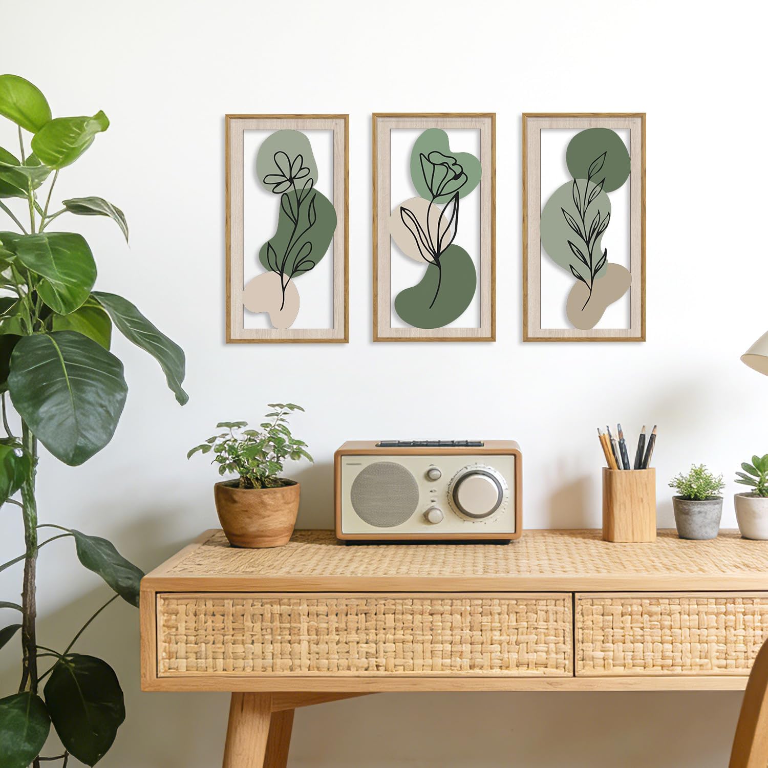 HPNIUB 3 PCS Minimalist Floral Wall Decor, Boho Green Geometric Hanging Wood Sign for Living Room, 8x16Inch Modern Bohemian Botanical Leaf Wooden Plaque for Apartment Bedroom Office Decoration