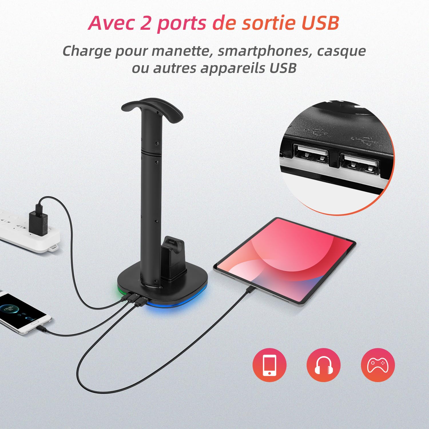 Chargeur Headset Stand pour Manette PS5, Support de RGB Casque Chargeur pour Manettes DualSense PS5 & Edge, avec 2 Ports USB - Noir