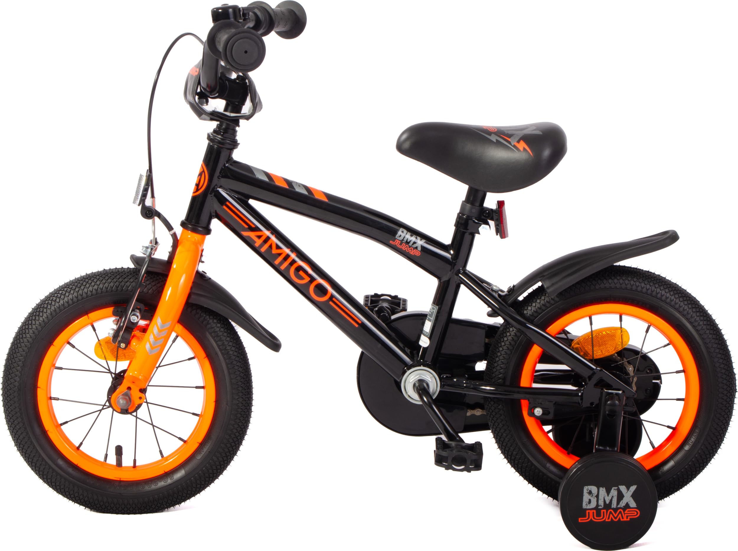 AMIGO BMX Jump – Bicicleta infantil para niños – 12 pulgadas – con freno de contrapedal y freno en V y ruedas estabilizadoras – a partir de 3 – 4 años – Negro/Naranja