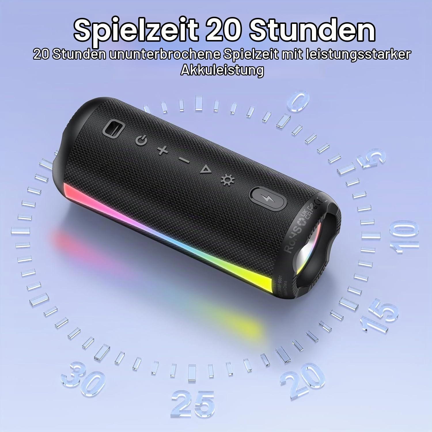 Bluetooth Lautsprecher, Musikbox Bluetooth 5.4 mit RGB Lichter, Bluetooth Box Freisprechfunktion für Phone, IP7 wasserdicht, 20h Akku, Enormer Bass mit Dualen Bass-Treibern für Outdoor/Sport, Black