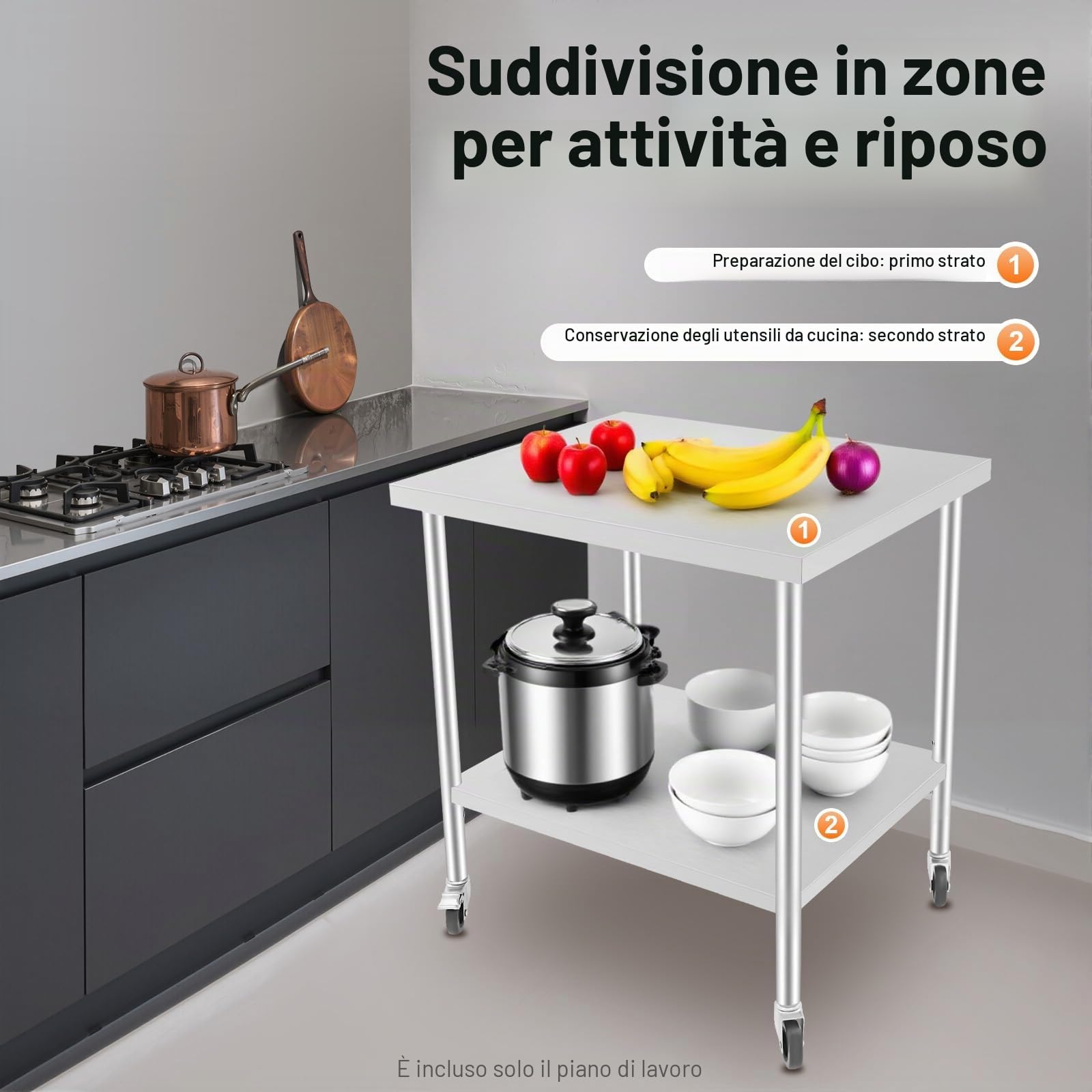 Tavolo da lavoro in acciaio inox, 70 x 60 x 85 cm, mobile da lavoro con 4 ruote universali con ruote, in acciaio inox, da cucina, da ristorante, da lavoro