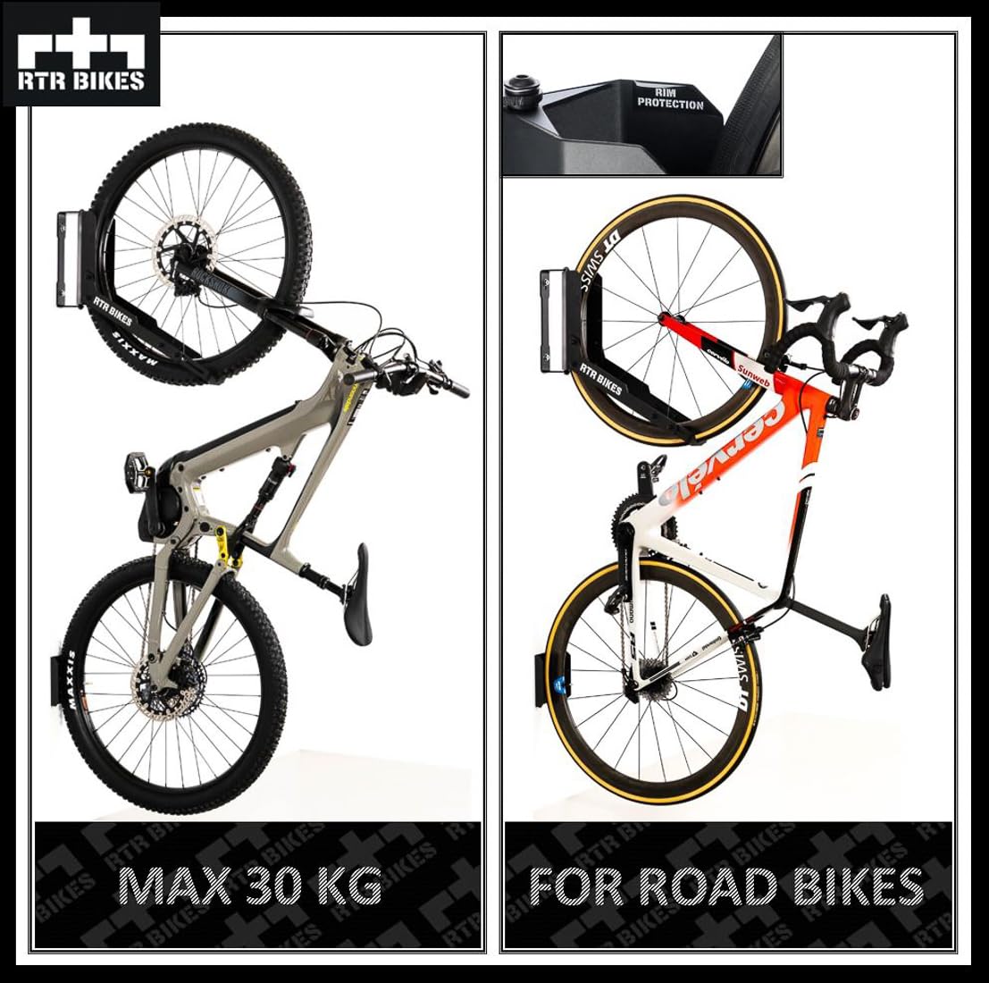 RTR BIKES Kranked Twist Fahrrad Wandhalterung Schwenkbar – 180° Drehbarer Wandhaken Vertikal – Für E-Bikes & MTB bis 30kg – Passend für 24-29 Zoll & 3,5" Reifen – Made in EU