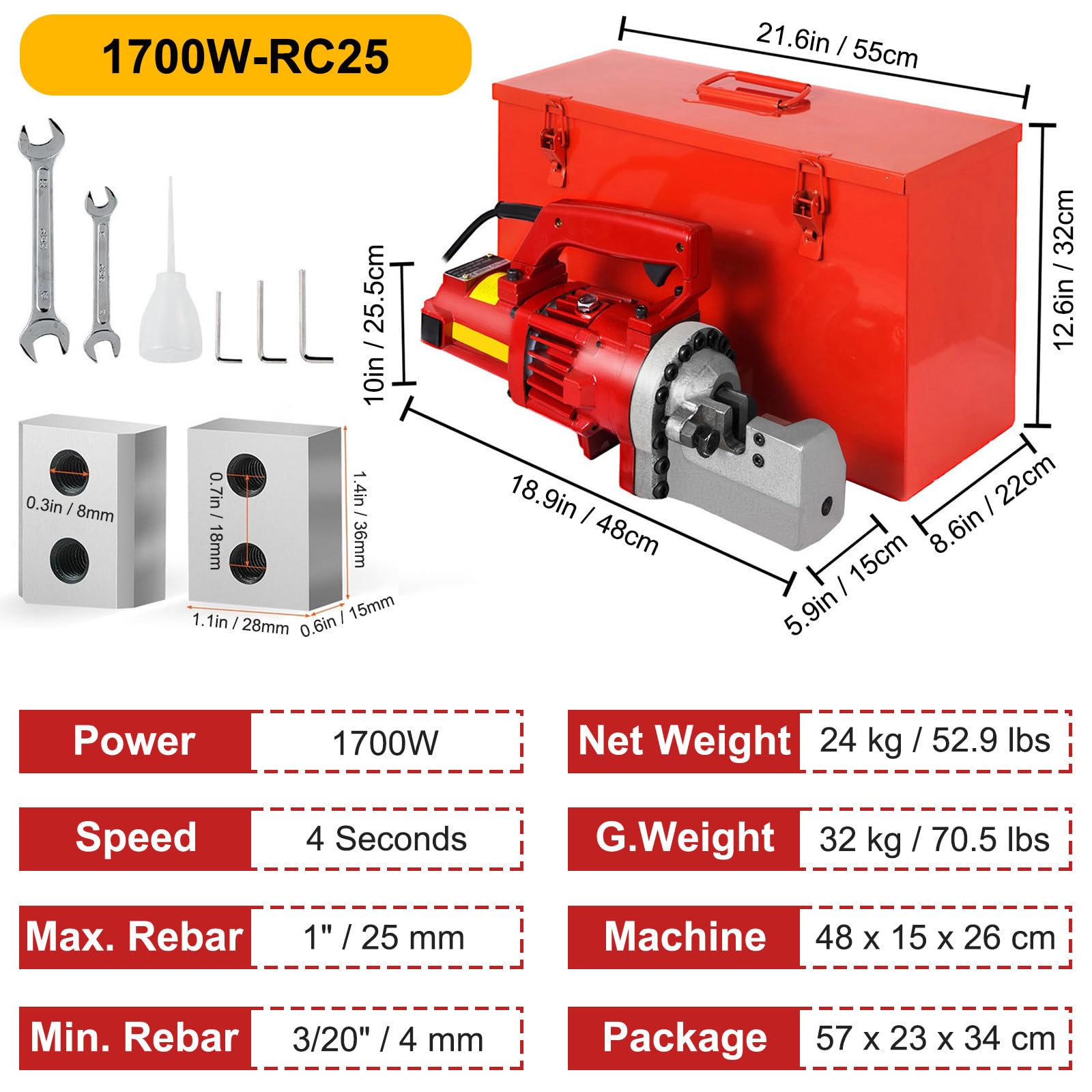Cortadora de Varillas Corrugadas Hidráulica eléctrica de 20 mm/25 mm, Herramienta de Corte de Barras de Acero de Alta Resistencia de 1250W/1700W Velocidad de Corte: 3-4 Segundos 1700W-RC25