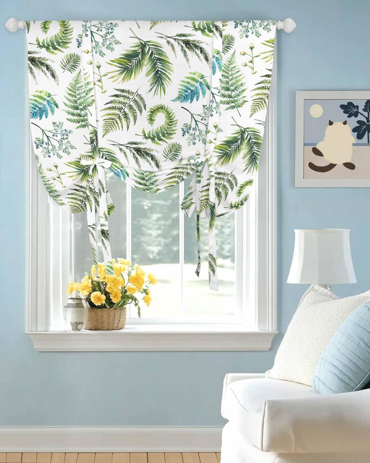 Tie Up Curtains for Windows Vintage Pastoral Green Herbs Rod Pocket Tie-Up Window Shade Adjustable Balloon Curtain Valance Farm Ferns Art for Bedroom Kitchen Bathroom Blinds,34x45in