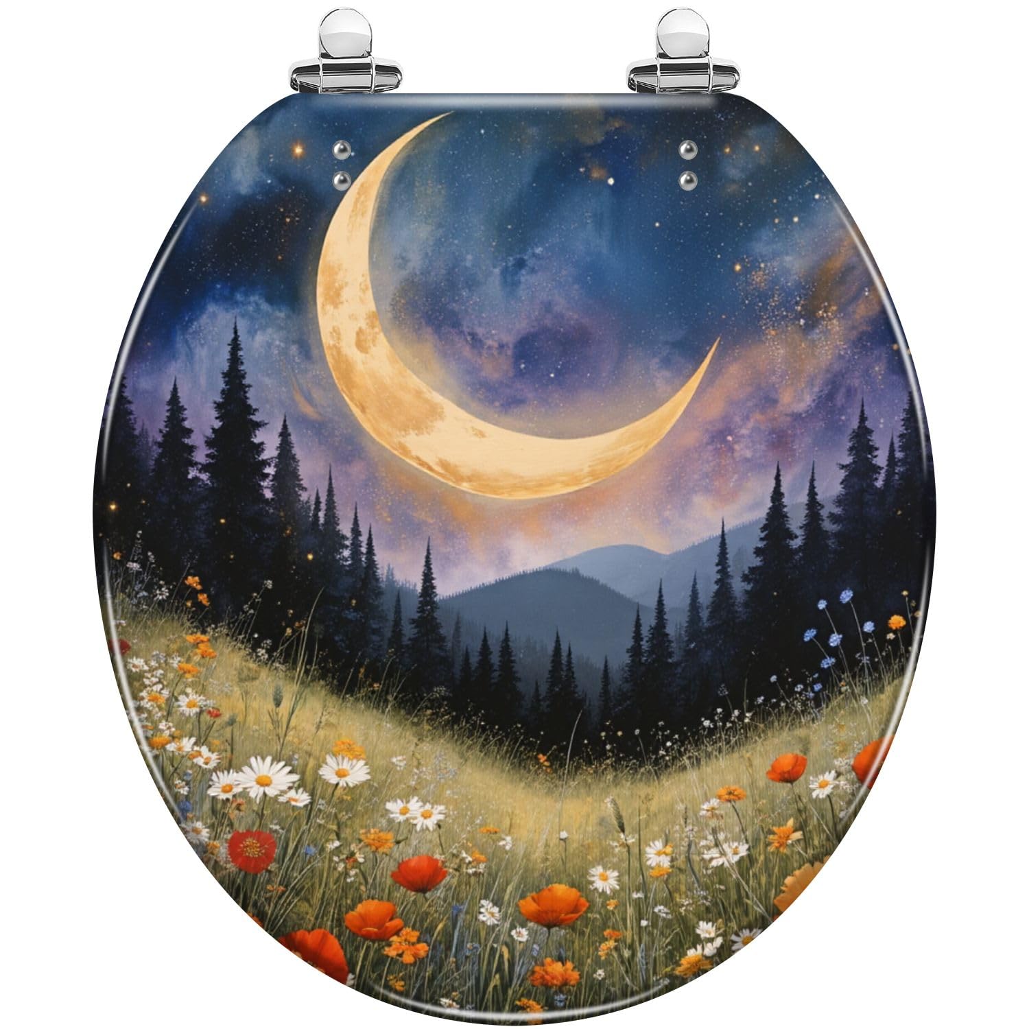Abattant de toilettes rond en résine style bohème avec motif forêt de lune et fermeture silencieuse