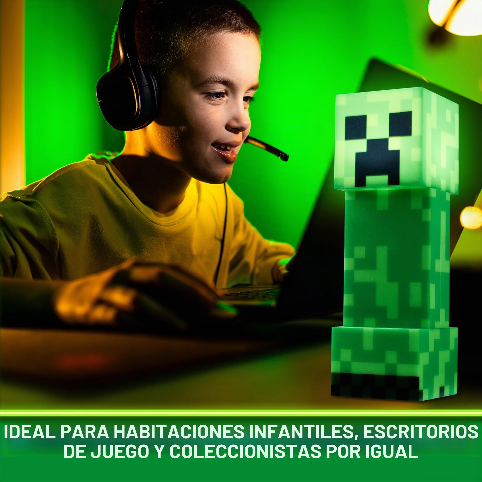Minecraft Linterna Infantil Creeper, Luz LED 2 en 1, Luz Nocturna y Antorcha USB o Pilas, Decoración Gamer, Regalo para Niños