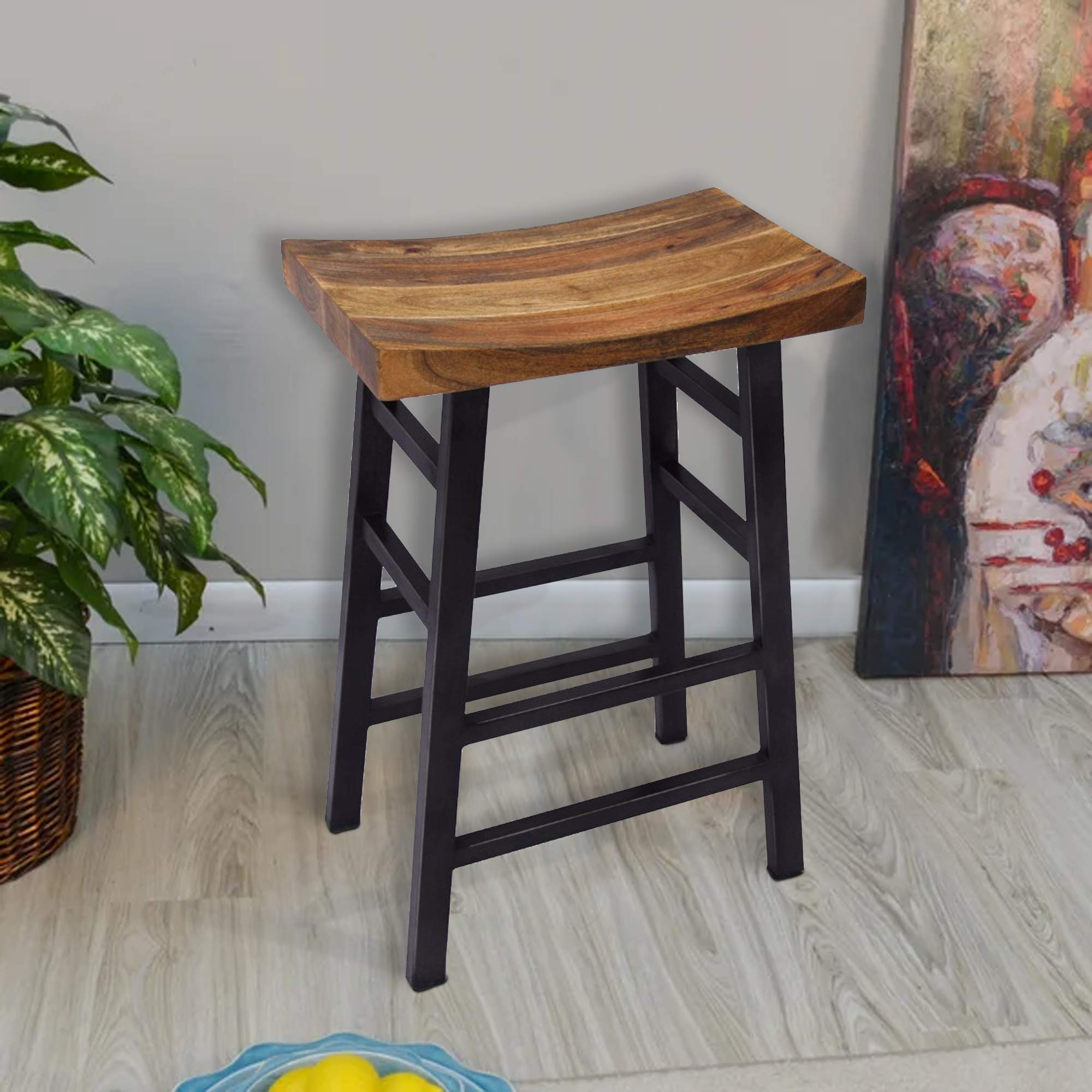 The Urban Port Wooden Saddle Seat 30 Inch Barstool with Ladder Base, Brown and Black