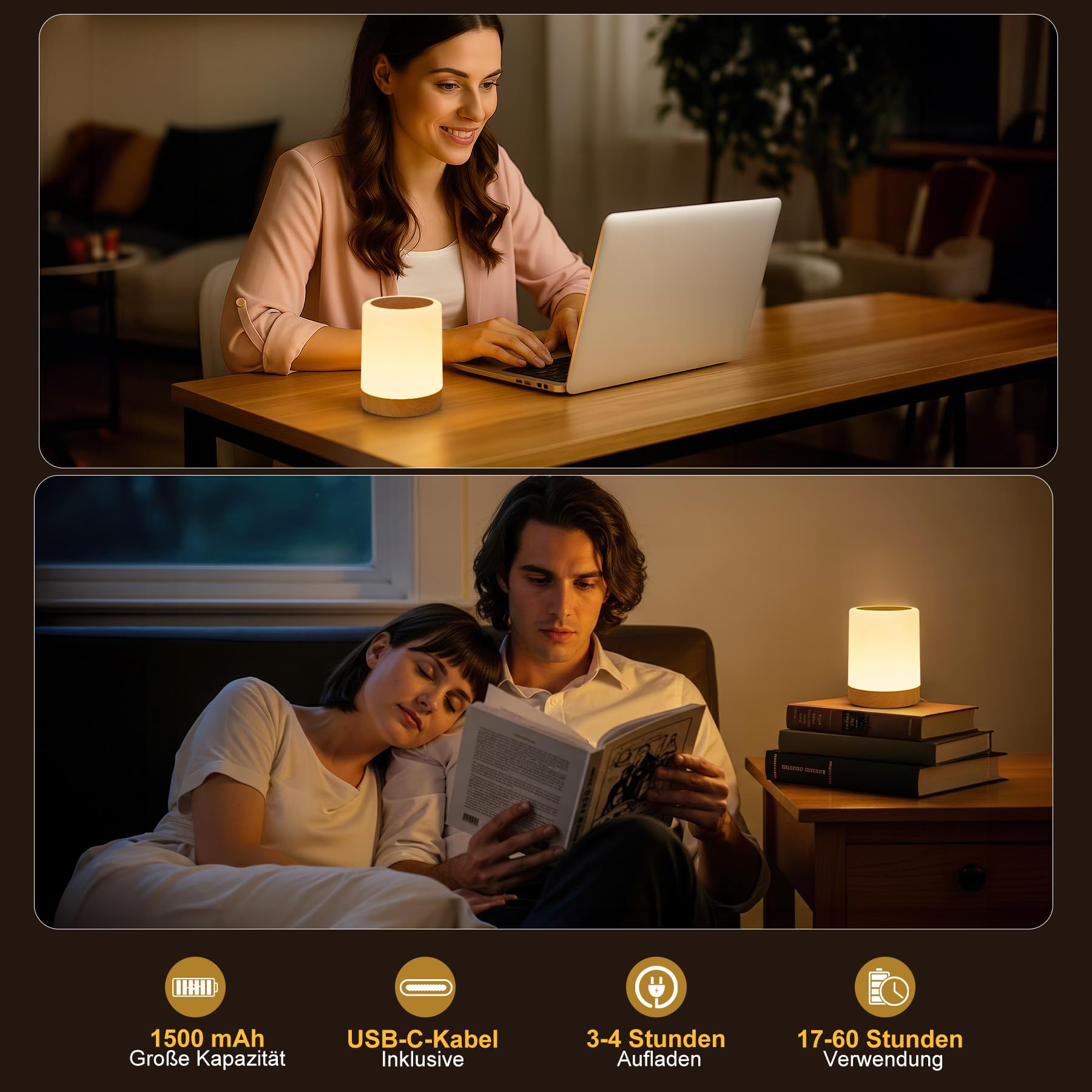 LED Nachttischlampe Touch Dimmbar 2er Set, Tischlampe Kabellos Batterie mit Timing und Memory Funktion, Stilllicht Kinder Nachtlicht Dimmbar mit 256 RGB Farben für deko Wohnzimmer Schlafzimmer