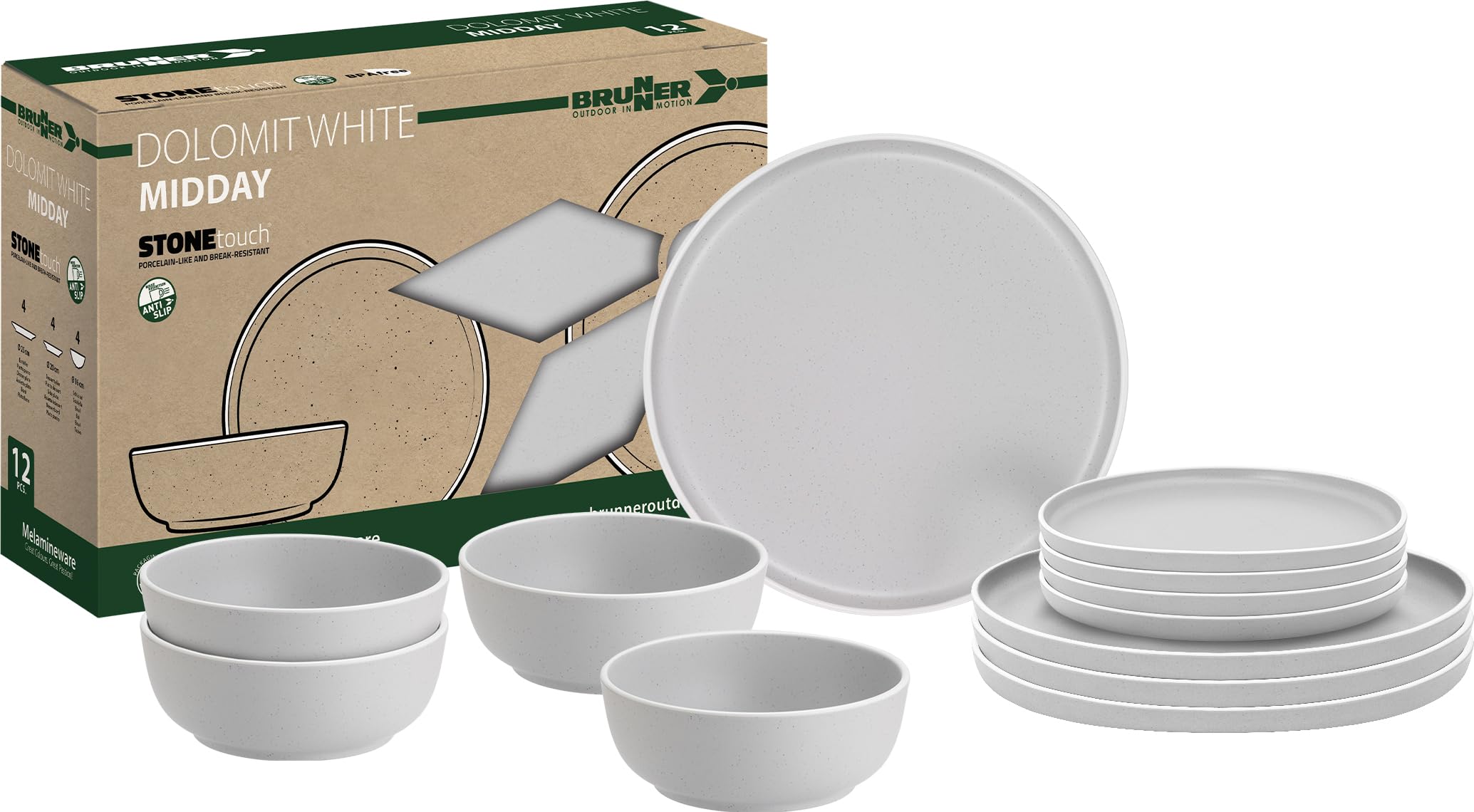 Brunner Dolomit - Juego de vajilla antideslizante de melamina para exteriores, platos ligeros y resistentes a la rotura, cuencos y tazas, caravana, picnic y camping (blanco dolomito, juego de 12
