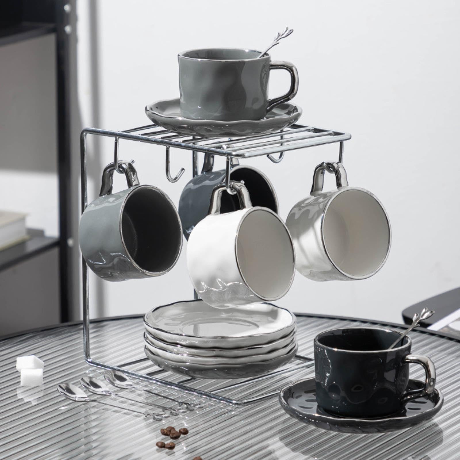 Juego de tazas de café de cerámica de lujo ligero de 230 ml con vajilla de té de la tarde, 4 tazas y platos + juego blanco