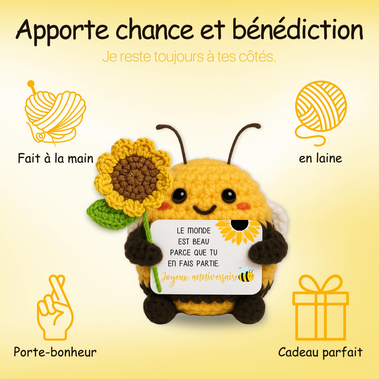 Farbeele Cadeau Anniversaire pour Femme Homme, Abeille Heureuse avec Tournesols, Décor Positive Fait Main au Crochet, Cadeau Remonter Le Moral, Décoration Maison - 4