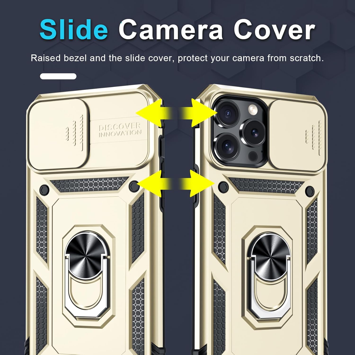 Janmitta Case for iPhone 12 & 12 Pro Phone Cover Built in Slide Camera Lens Cover+Screen Protector,Heavy Duty Shockproof Full Body PhoneCase with Finger Ring Holder Kickstand,Gold - Image 3