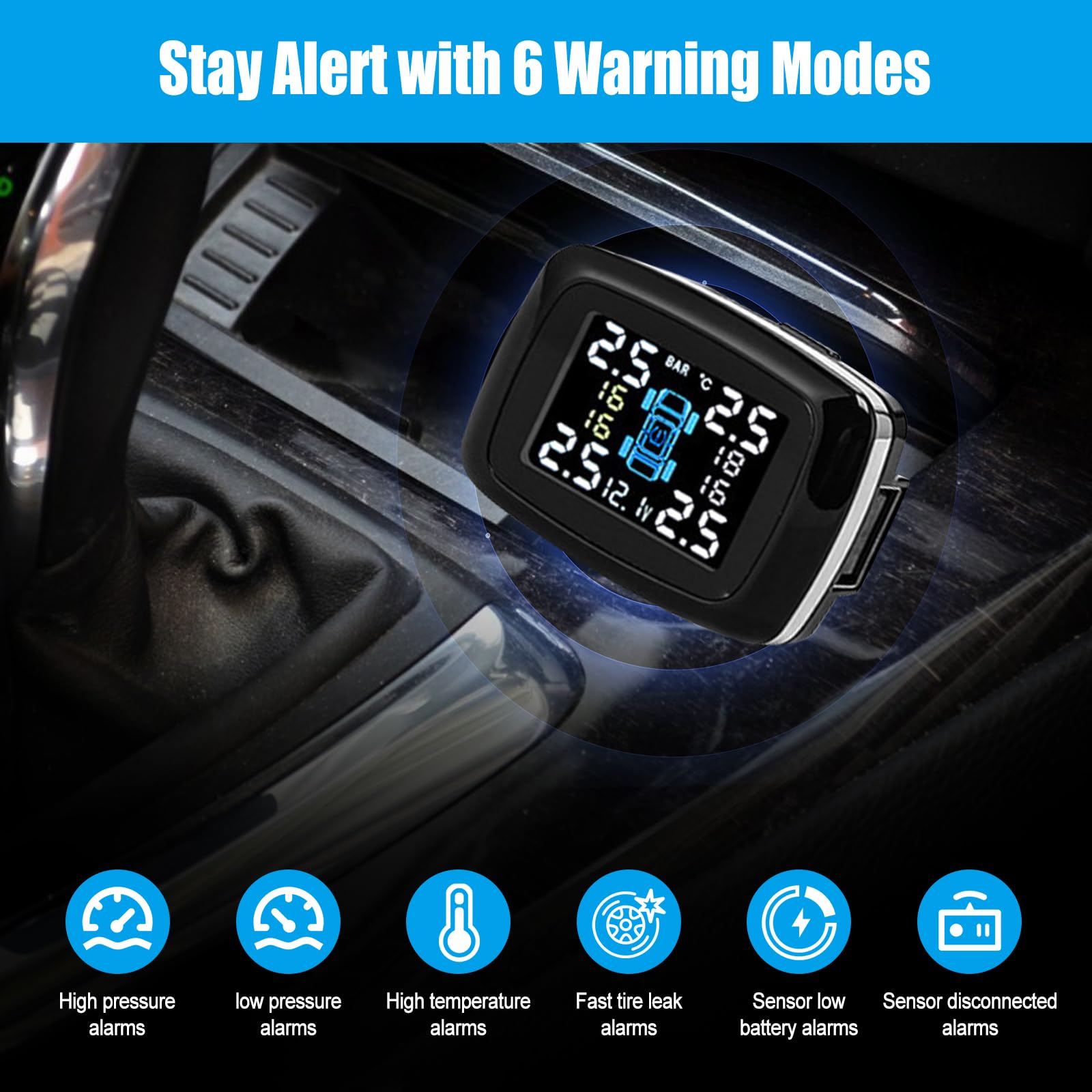 Reifendruckkontrollsystem, drahtloses Auto TPMS Reifendrucksystem, 6 Alarmmodi, einstellbare Bildschirmhelligkeit & Monitorwinkel für Wohnmobil, SUV, MPV, LKW, Limousine