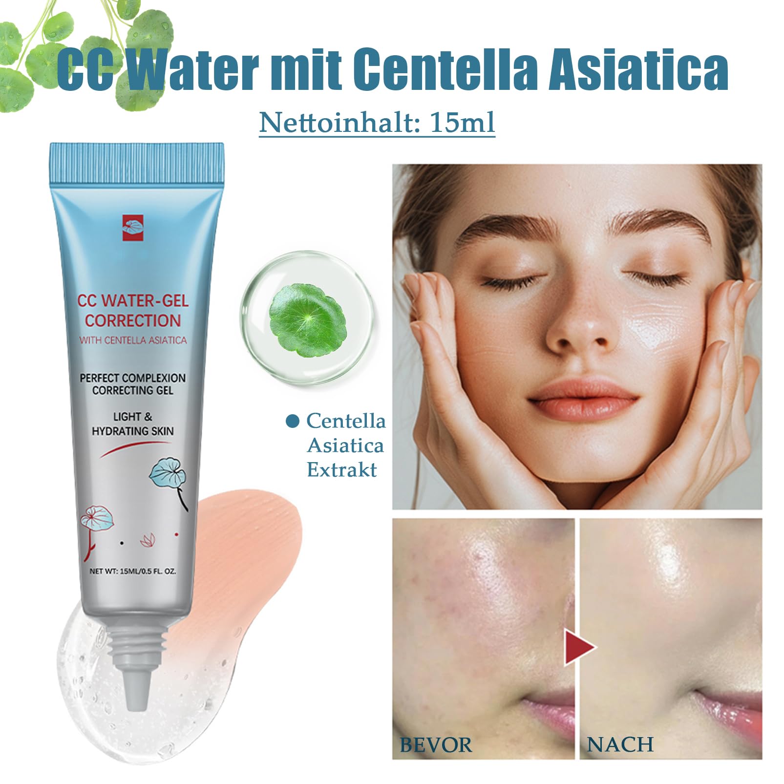 CC Cream Water z Centella Asiatica, lekki krem CC, krem do twarzy, nawilżający koreański makijaż, zmiana koloru twarzy, wyrównuje nierówności skóry ze wszystkich typów skóry
