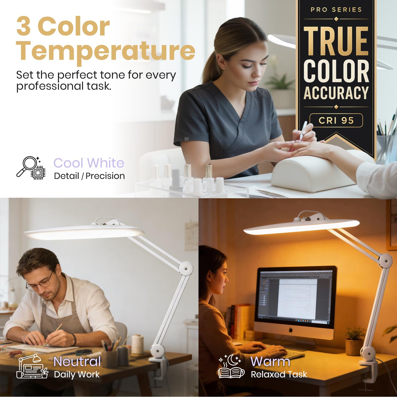 Neatfi Pro Series Lámpara LED de Escritorio – Precisión de Color Real (CRI 95) | 2.200 lúmenes | Modos CCT ajustables | Cabezal Ancho de 51 CM | Regulable con brazo ajustable y abrazadera (Blanco)