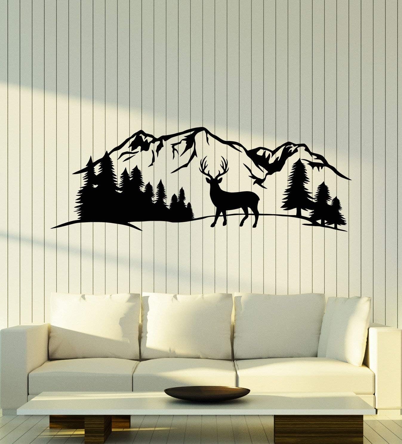 WallStickers4ever Vinyl Wall Decal Mountains Deer Snow Animal Winter Forest Trees Stickers Mural Large Decor (g4366) Black
