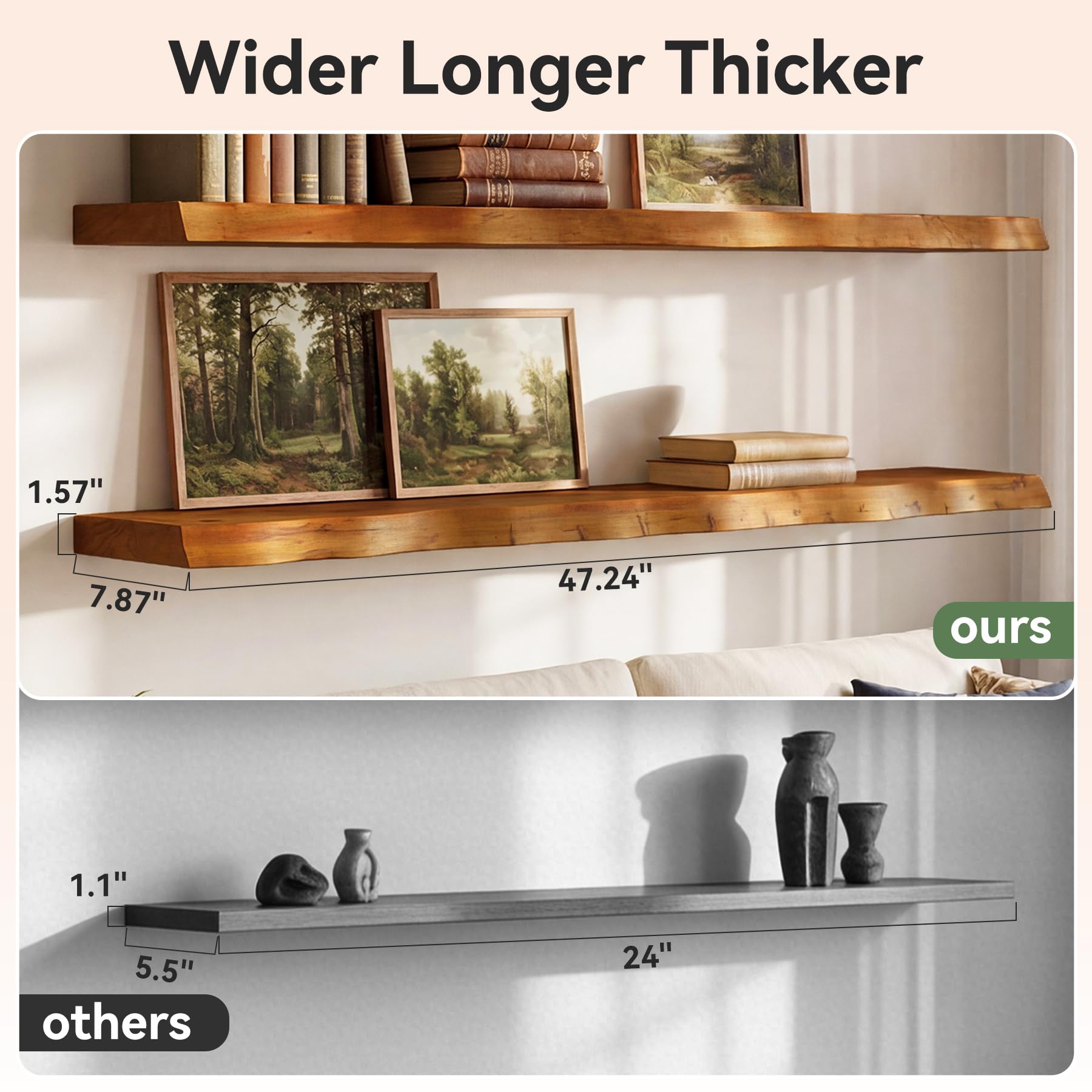 Estantes de Pared flotantes de Madera Maciza (120 cm, Juego de 3): estantes flotantes para Especias, Cocina y baño, Aptos para salón, Dormitorio, Cocina y baño