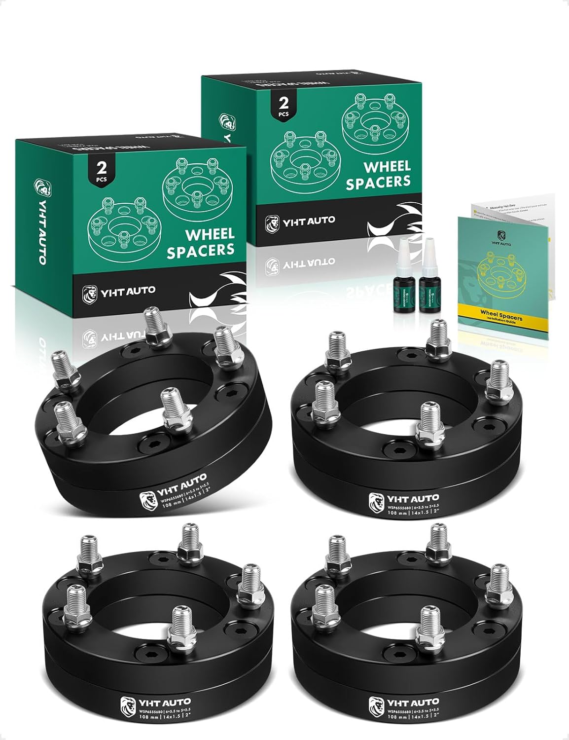 YHTAUTO 6x5.5 to 5x5.5 Wheel Adapters 2 Inch Compatible with Cadillac & Chevrolet & GMC & Hummer, Tire Spacers w/ M14X1.5 & 12.9 Grade Studs, 108mm Center Bore 6/5 Lug 4PCS Black