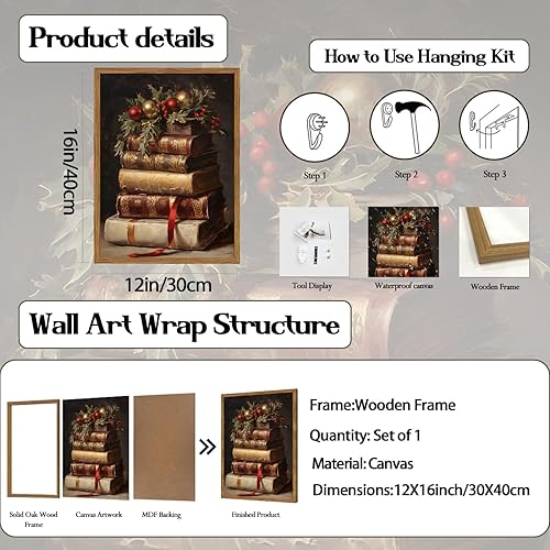 Miniatura 6 de Hwetui Lienzo de Navidad vintage para pared, libros rústicos de granja, pintura de naturaleza muerta, póster de Feliz Navidad, impresión de imagen