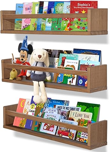 MBYD Juego de 3 estantes para libros de guardería de 24 pulgadas de las mismas dimensiones, hecho a mano, de madera maciza de nogal claro, estante