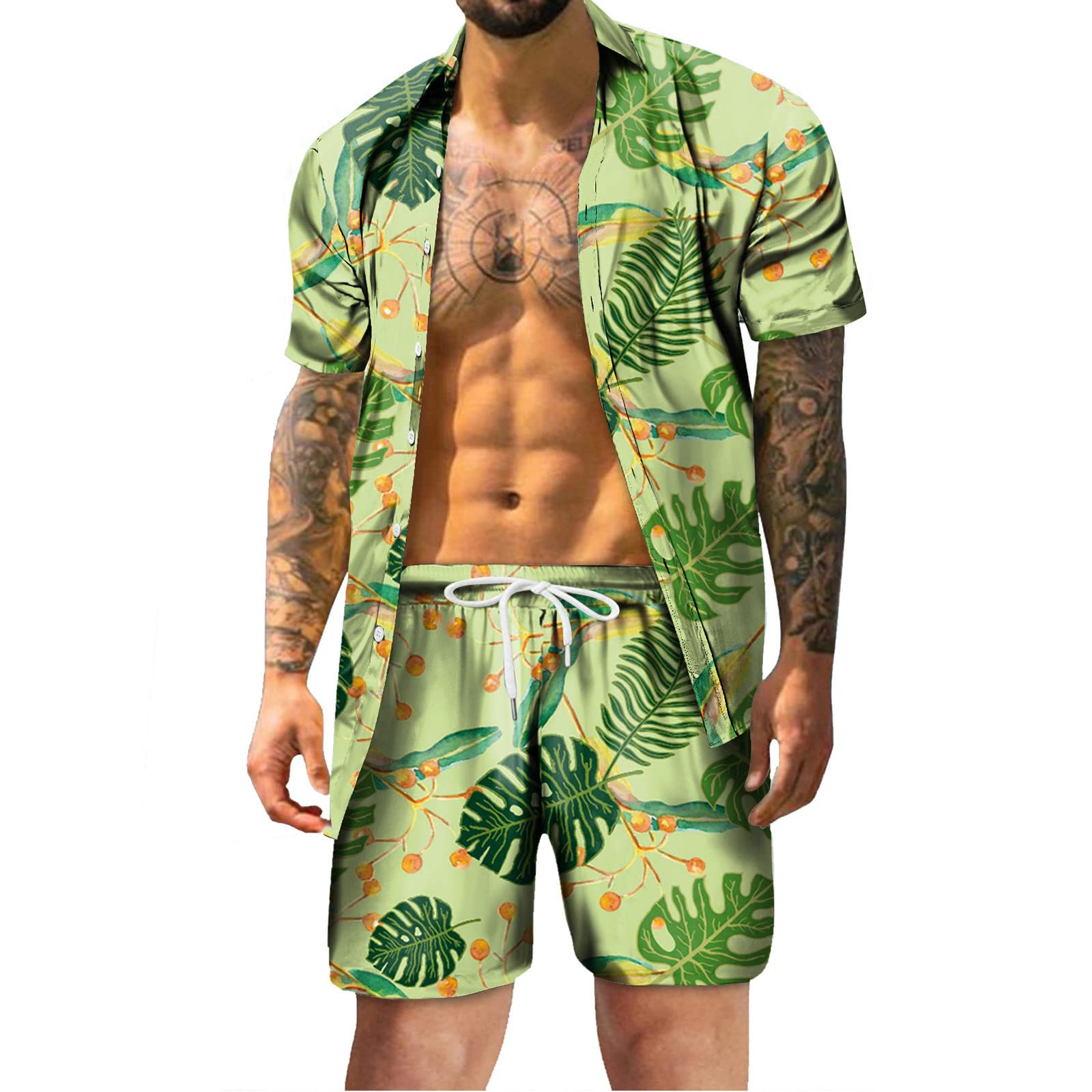 BEOKEUIOE 남성 빈티지 2피스 셔츠 및 반바지 매칭 세트 레트로 80년대 버튼다운 셔츠 버뮤다 반바지 하와이 비치 수트 90년대  의상 하와이 셔츠 펑키 파티 셔츠-Freehip.co.kr