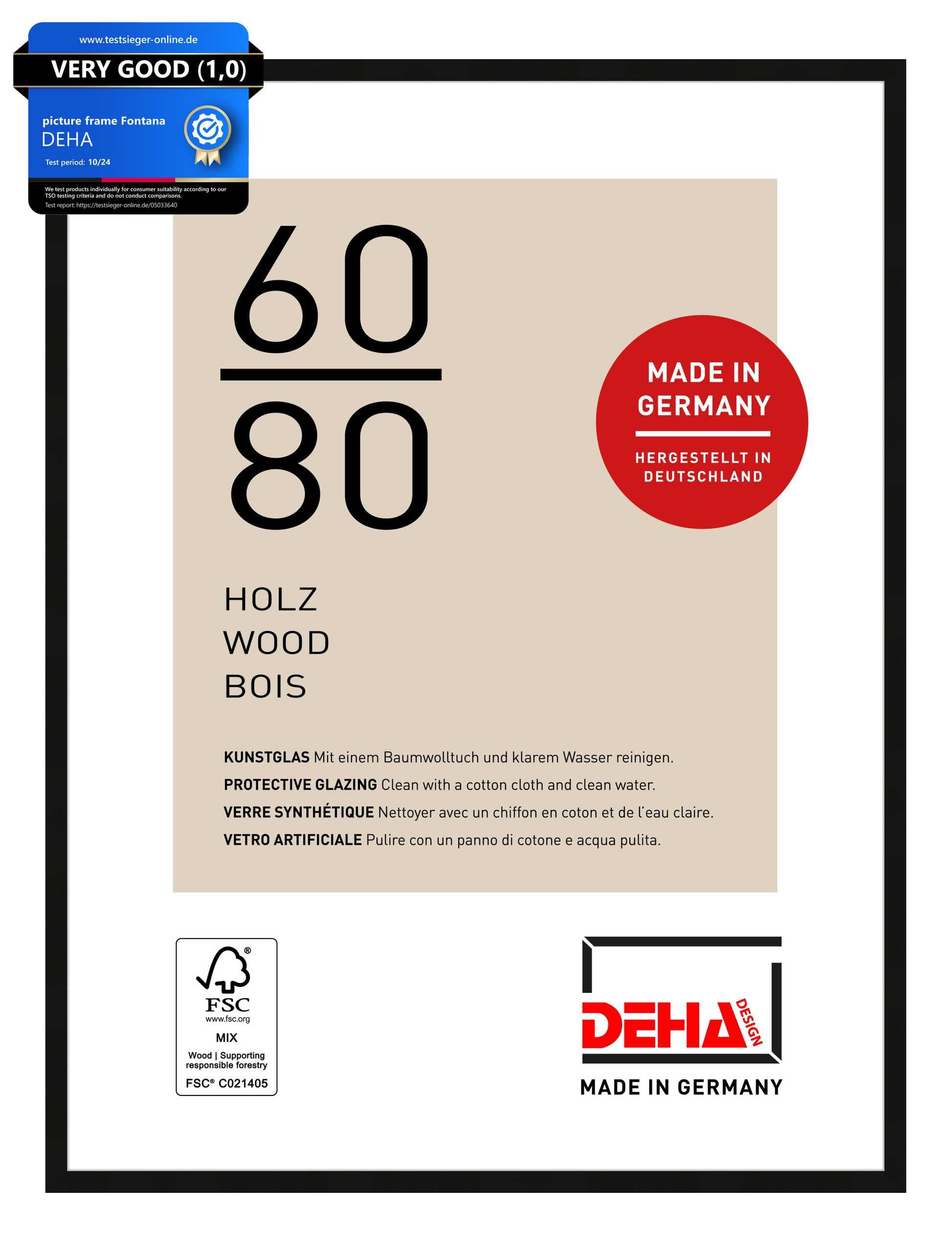 Deha Design Black Fontana Wooden Picture Frame - 60X80 Cm – - With Synthetic Glass And Push/Turn Clips