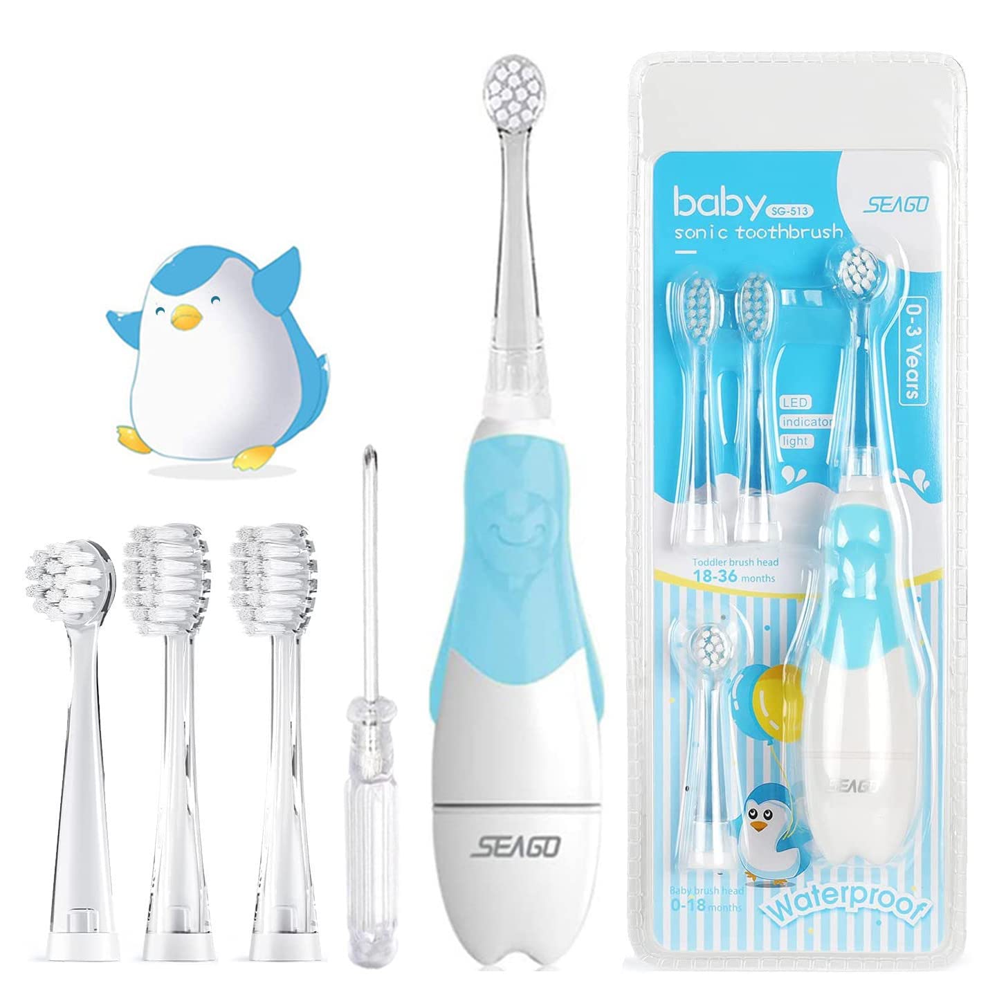 SEAGO Baby Electric Toothbrush 6 Months - 3 Years Children's Toothbrush Electric with LED Light Smart Timer Baby Toothbrush Waterproof IPX7 Ultrasonic Toothbrushes SG-513 (Blue)