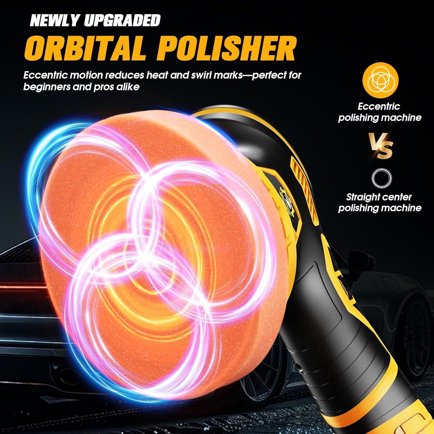 5 Inch Cordless Car Buffer & Polisher Kit [2x 2000mAh 12V Batteries & 18 PCS Attachments] 6-Speed Orbital Design, LED Display, Lightweight Detailing Tool for Waxing, Polishing - Yellow
