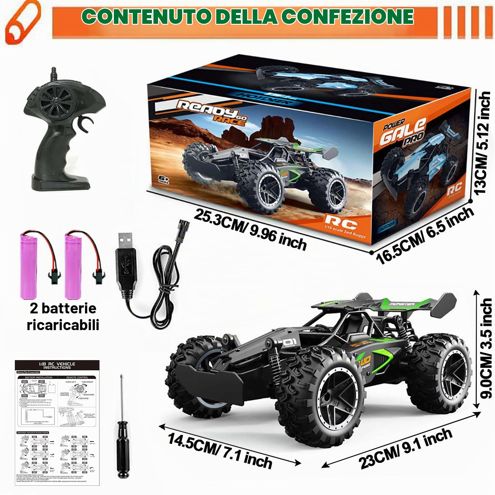 Macchina Telecomandata, RC Auto Telecomandata, 20KM/H Alta Velocità Auto Radiocomandata di Tutto Terreno, con 2 Batterie Caricabile, 2WD 2.4GHZ Macchinine Giocattolo per Bambini