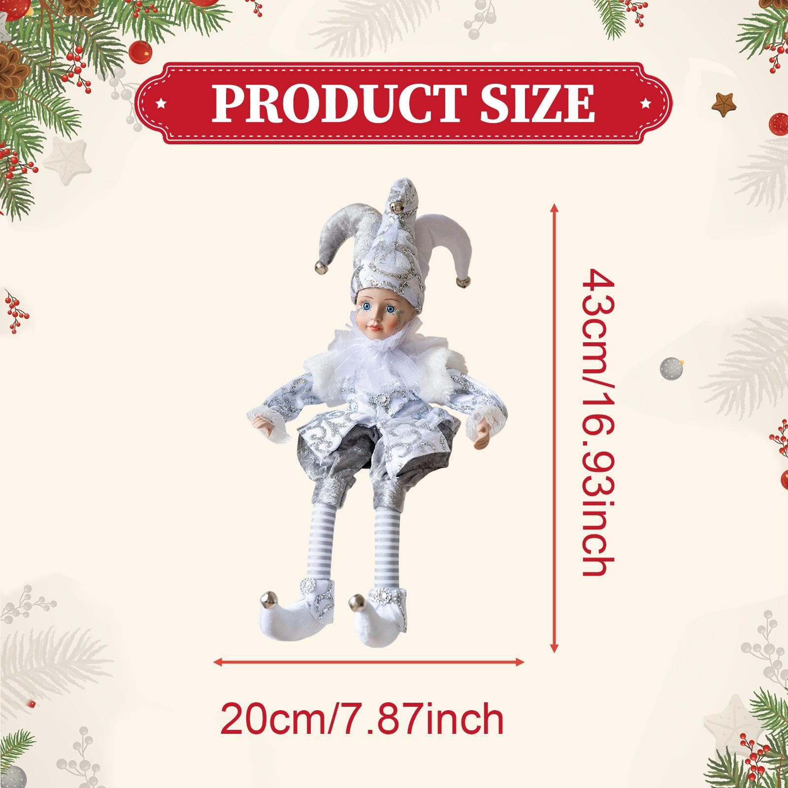 Milageto Muñeca navideña Decorativa, Figura navideña, Regalo de, Suave y Adorable, payasita con Cabeza Que se Mueve, para Chimenea, Mesa, Plata