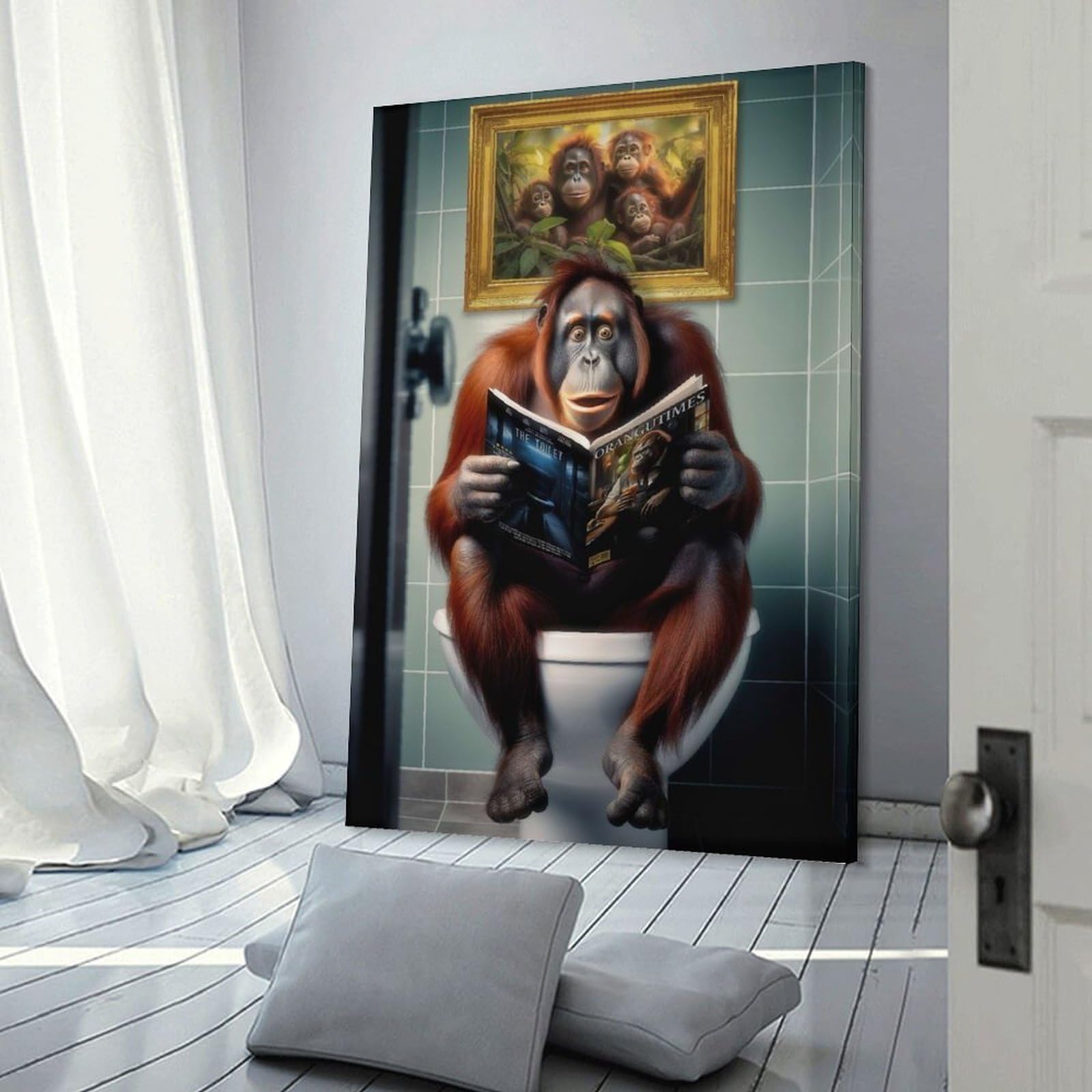 Junmoney Canvas Wall Art Orangutan on The Toilet, 24x36inch(60x90cm), for New Homes, Bedrooms Or Workspaces, Canvas Artwork with Gifting Potential