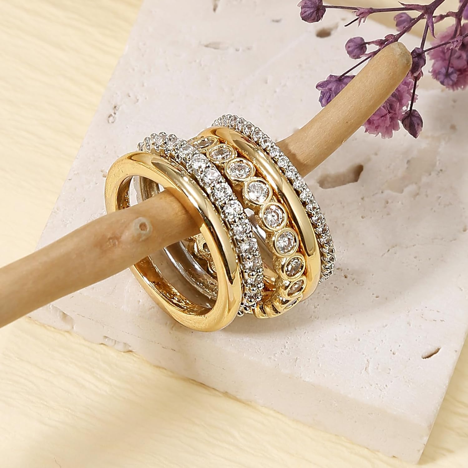 BOMAIL Stackable Rings for Women-Non Tarnish 18K Gold Plated Interlocking Rings Set Gold Silver Mixed Metal Statement Rings Dainty Cubic Zirconia CZ Connected Band Thumb Ring Jewelry for Women - Image 7